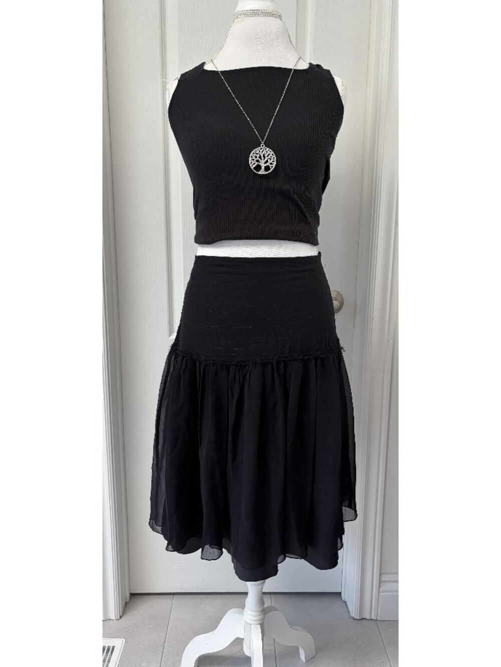 Kenzie 100% Silk Black Tiered Skirt | Size 10 | Romantic Goth / Dark Academia